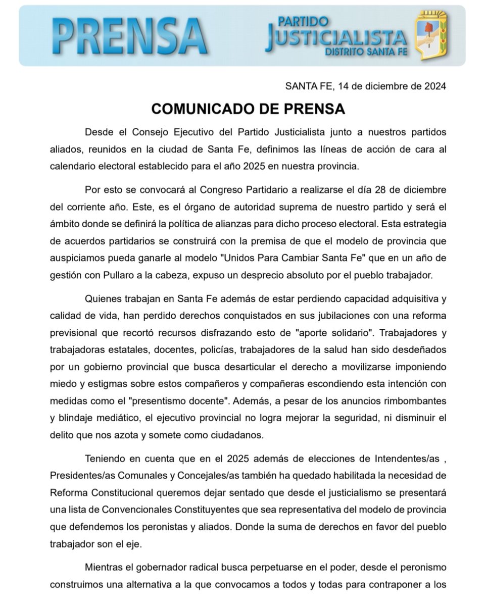 PJ_SantaFe's tweet photo. Líneas de acción de cara al calendario electoral y convocatoria al Congreso Partidario. 

COMUNICADO⬇️⬇️ https://t.co/KONYVssIWB