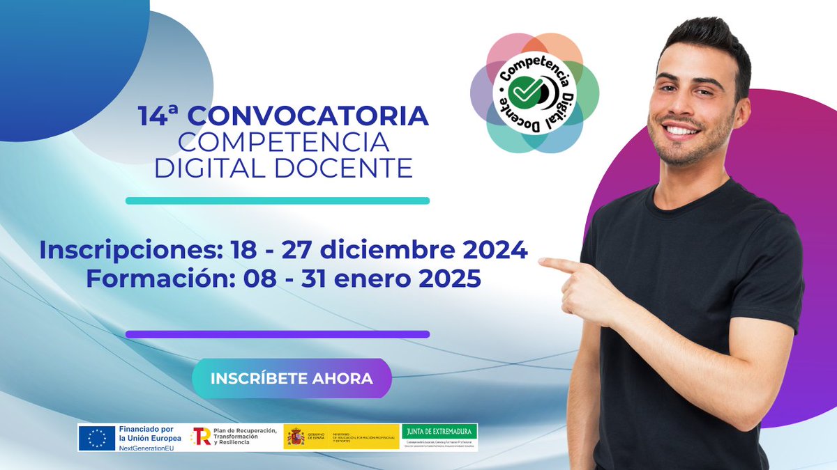 ¡Atención, docentes de Extremadura!
Abierta la 14ª Convocatoria del curso en Competencia Digital Docente, en modalidad tutorizada.
¡Inscríbete ahora en educarex.formacioncdd.es!

#CompetenciaDigitalDocente #Docentes #ExtremaduraEduca #EIMConsultores #TelefónicaEducaciónDigital