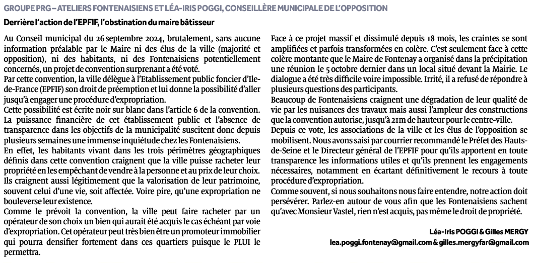 Derrière l'action de l'EPFIF, l'obstination du maire bâtisseur. Retrouvez ci-dessous notre tribune commune de décembre-janvier de <a href="/GMERGY/">Gilles MERGY</a> et moi concernant ce sujet brûlant de <a href="/fontenay92/">Fontenay-aux-Roses</a>