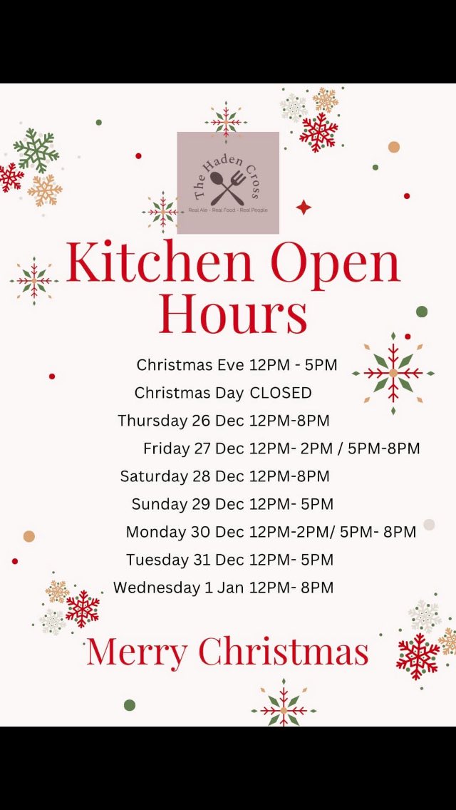 Haden Cross kitchen opening hours for the festive period 2024/25