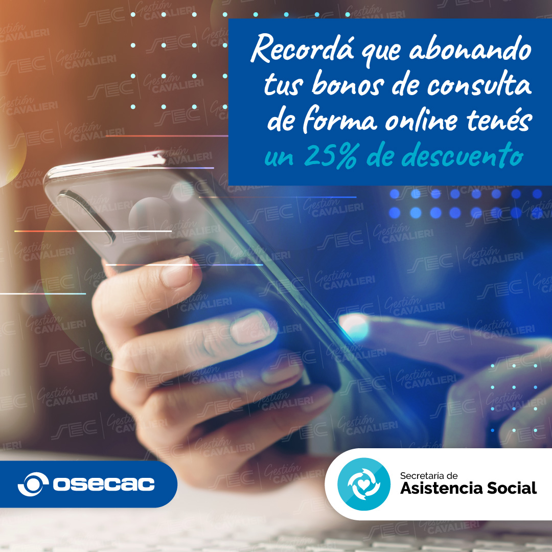 ¡Compañero/a! Recordá que pagando tu bono de consulta de forma online , ya sea a través de la app “Mi OSECAC” o desde el portal web, vas a obtener un 25% de descuento.

+ info en osecac.org.ar/.../paga-tus-b….

¡Aprovechalo! 😉