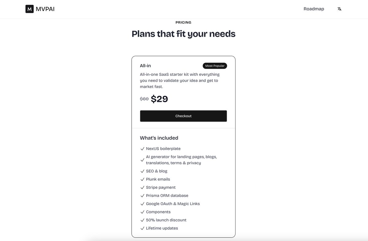 MVPAI Stripe 接入完成，先放个 UI 出来😏。我做事情真的没什么信心的，立个 flag，能卖个 2k RMB 我都觉得够了。
#buildinpublic