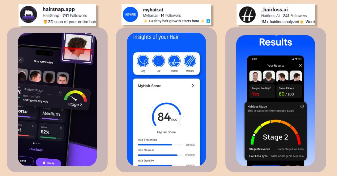 New AI micro-niche following "glow", "glam" etc 

Hair Snap Analysis => 2mo old, 15K downloads/mo
Hair Loss AI => 6mo old, low rev/downloads
MyHair AI => 1mo old, low rev/downloads

Quick rundown on their TikTok strategies: