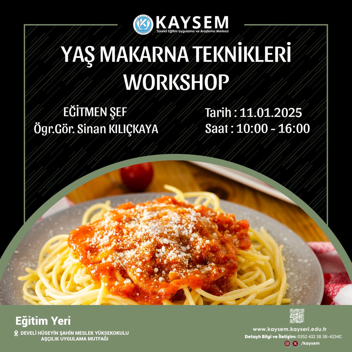 kayu_sem's tweet photo. YAŞ MAKARNA TEKNİKLERİ WORKSHOP
📅 Tarih: [11/01/2025]
🕒 Saat: [10:00/16:00]
Detaylı bilgi için :https://t.co/B1LQM2HinR
[03254323396]
🍝 Sonuç: Atölyenin sonunda kendi yaptığınız taze makarnaları afiyetle yiyebilirsiniz.
@ProfKaramustafa @sahmetlioglu1
@kayseriedu @kayudmyo https://t.co/XhQgPIMOWI