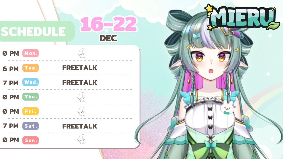 Mieru_vt's tweet photo. =͟͟͞♡ Schedule 16-22 Dec 2024⭐️
જ⁀➴
🎨Fa #MIERU_R_ART
🔞Fa #MIERU_R_R_ART
🎭meme #MIERU_R_MEME
📰ข่าวสาร #MIERU_R_NEW
🔴Live #MIERU_R_LIVE
📖general #MIERU_R_FOREST
#Vtuber #VtuberTH #วีทูปเบอร์ https://t.co/DzU6C4ReV8