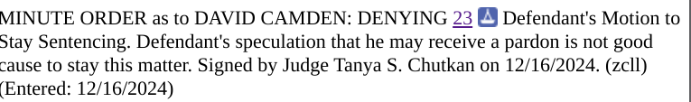 sfoguj's tweet photo. #LittleManSprayer's Motion to Continue Sentencing is DENIED.  "Defendant's speculation that he may receive a pardon is not good cause to stay this matter" https://t.co/GTJSSuxMgR
