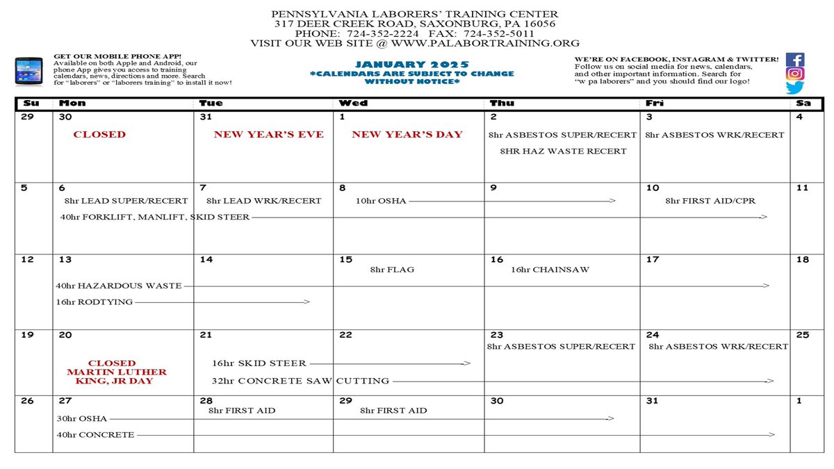 The January calendar is out. Why not ring in the new year with a free class at the Training Center! Our calendar has a wide range of opportunities available for you to bolster your skill set. Call now to schedule! 724-352-2224