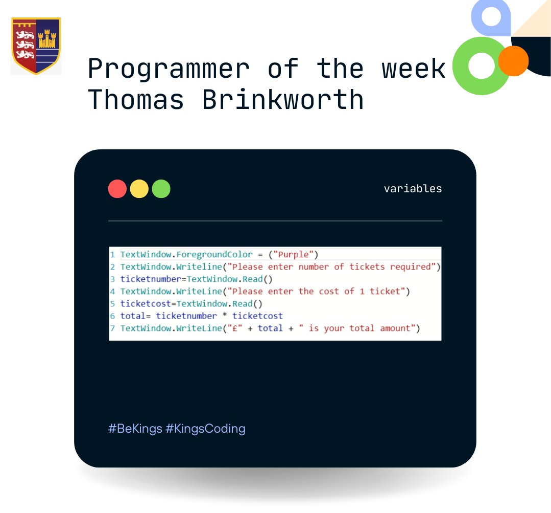 PATKingsSchool's tweet image. ๐ป Congratulations to our Programmer of the Week, Thomas Brinkworth (Year 8). #BeKings #KingsCoding #ProgrammerOfTheWeek