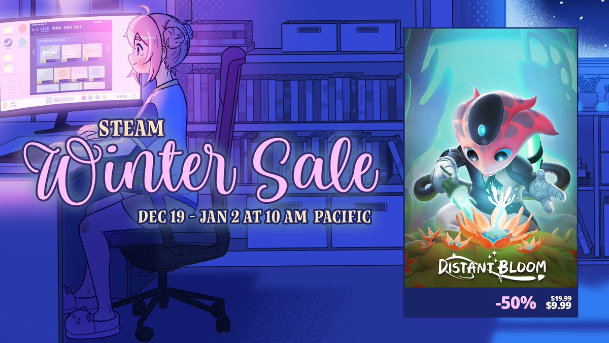 Distant Bloom and the Original Soundtrack are now available for 50% off! Grab this special opportunity during the Steam Winter Sale. ☃️🎁🌟

store.steampowered.com/app/1450250/Di…

#SteamWinterSale #SteamDeals #IndieGame #IndieDev #CozyGames #WholesomeGames <a href="/AuroraPunks/">Aurora Punks</a> <a href="/kindabrave_ent/">KindaBraveEntertainment</a>