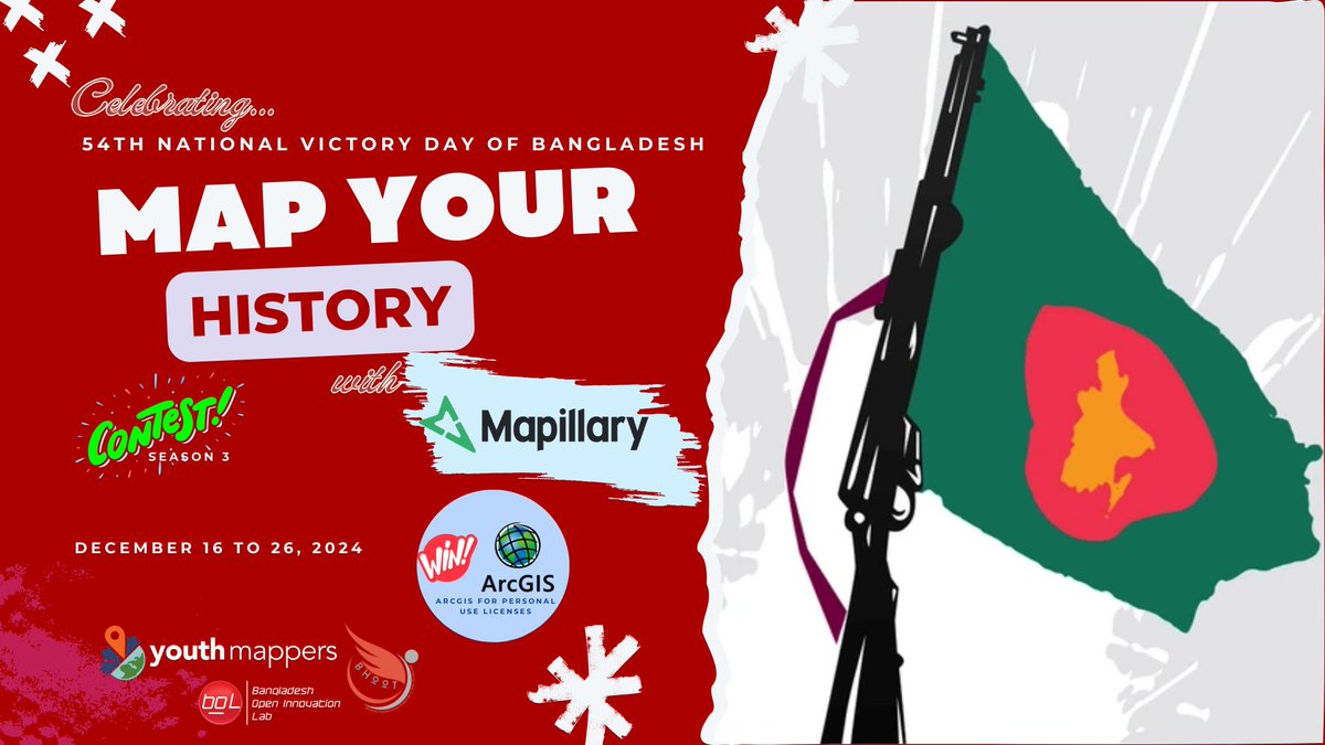 Dear Bangladeshi <a href="/youthmappers/">YouthMappers</a>,
Today I started a 11 days mapping competition from December 16 to 26, 2024 with <a href="/mapillary/">Mapillary</a> in order to celebrating 54th national victory day of Bangladesh.
Reg: forms.gle/ADCAHZU956Mu2N…
Terms and Conditions- tinyurl.com/MapOurHistory

#YouthMappers