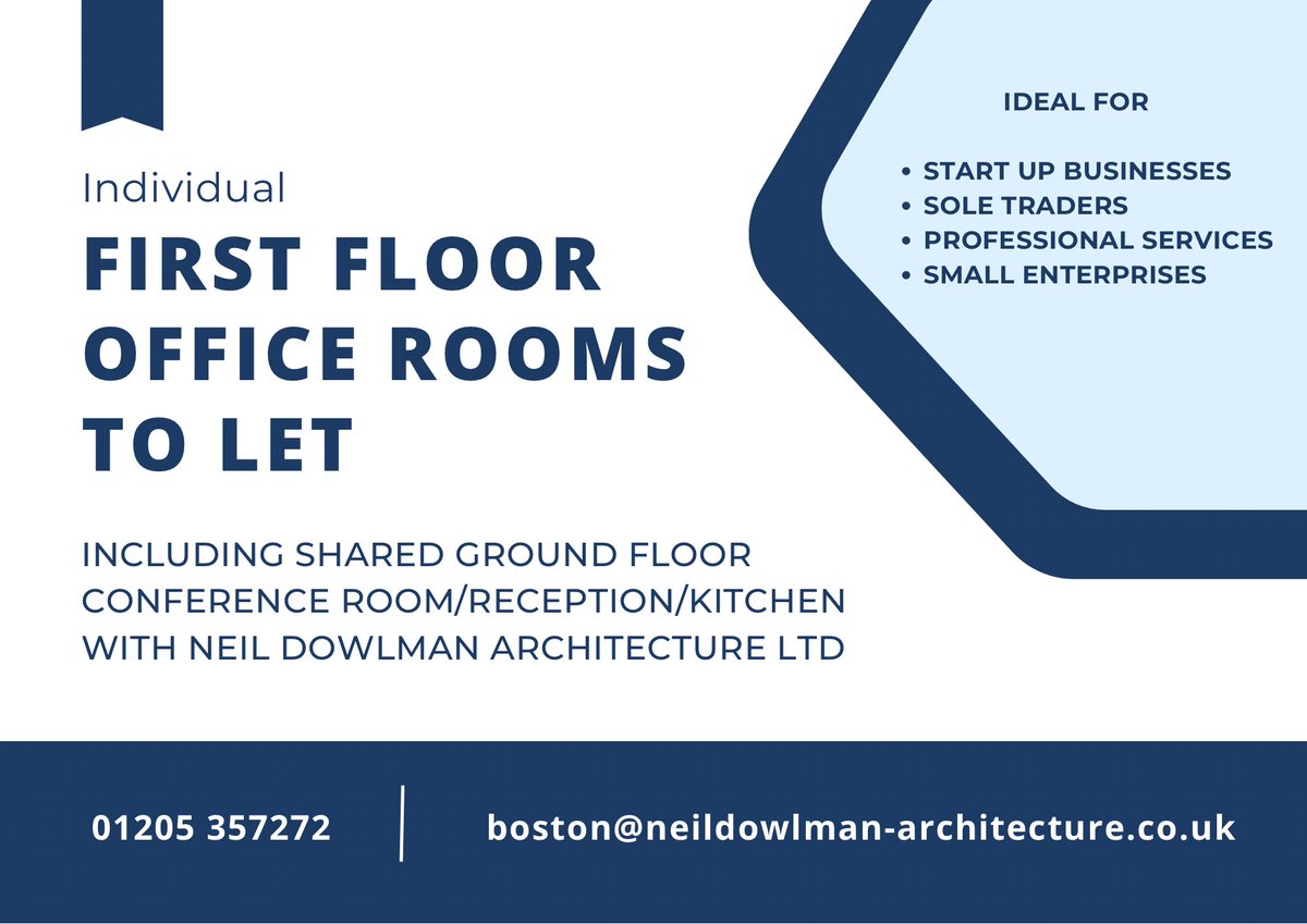 We are letting individual first floor office rooms as well as a shared ground floor conference room, reception area and kitchen with Neil Dowlman Architecture at our Wolds Offices:

📍4-5 Church St, Alford 
📍28 St Lawrence St, Horncastle 
📍62 Northgate, Louth