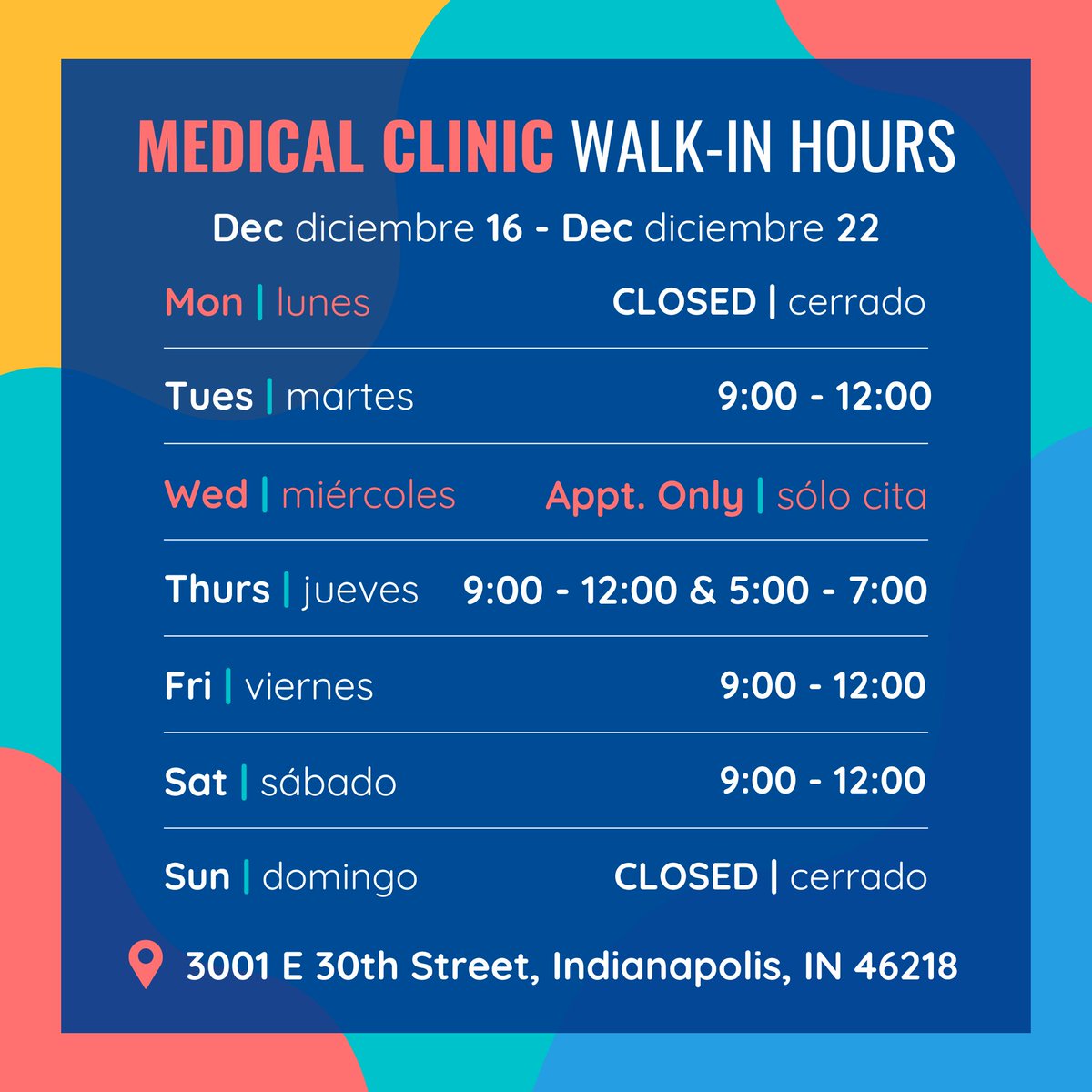 ‼️ WEEKLY HOURS UPDATE ‼️ These hours are walk-in hours ONLY for the GFC Medical Clinic inside of the St. Vincent de Paul Food Pantry at 3001 E. 30th Street, Indianapolis, IN 46218. See you there!