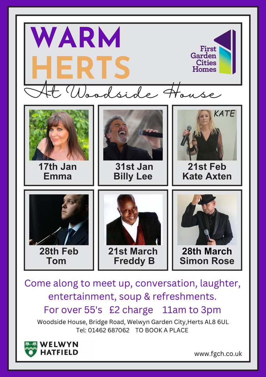 First Garden City Homes is planning some great entertainment in the New Year at their #WarmHerts warm spaces

Check out the line-ups for Holliers Court and Woodside House 

#Over55s Welcome | Cost: £2

Please call T: 01462 687062 to book your space

 #WarmSpaces  #WhatsOnWelHat
