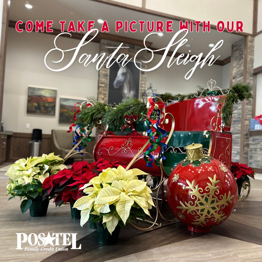 🎄🎅 Come by PosTel and Hop in the Santa Sleigh for a festive photo! We would love to see you@! ✨📸