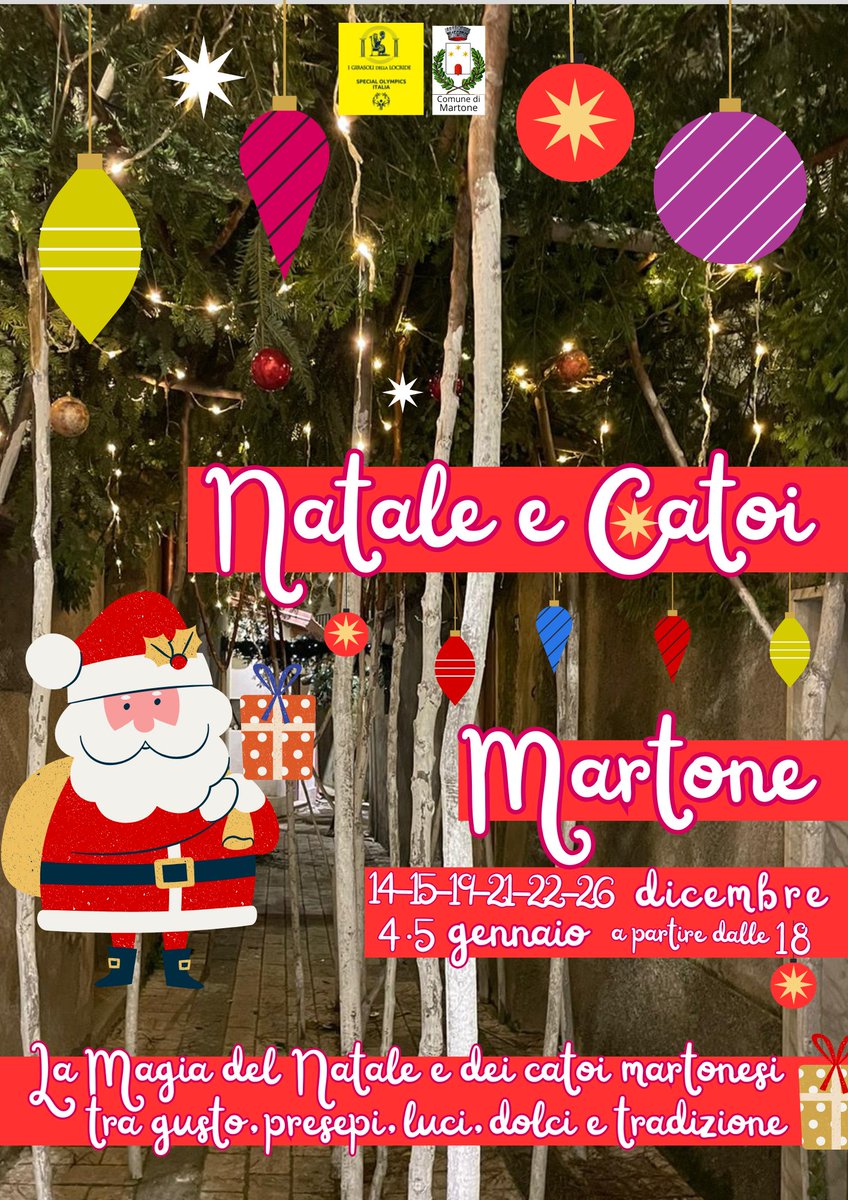 Sarà un Natale🎄 diverso quello si potrà vivere nel centro storico di Martone, dove passeggiando tra i vicoli si percepirà una fantastica atmosfera🧑‍🎄 natalizia.   Appuntamento imperdibile previsto nei giorni 14, 15, 19, 21, 22, 26 dicembre e 4, 5 gennaio, con orario di inizio