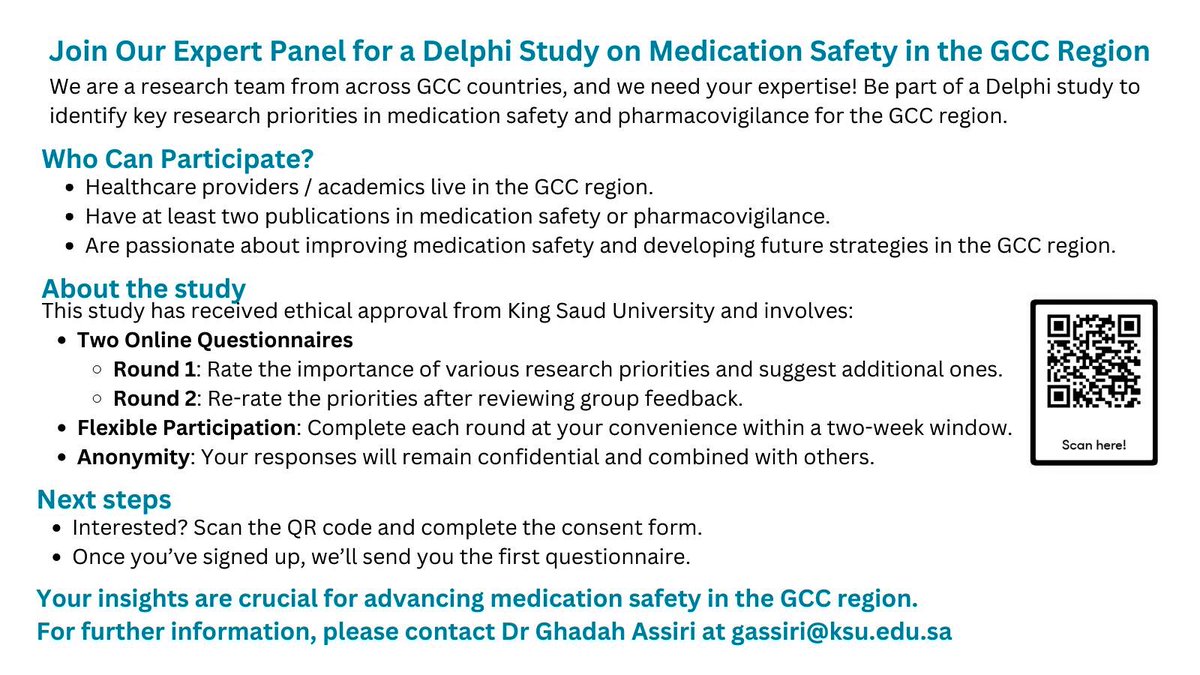 📢 Help shape medication safety in the Gulf Cooperation Council (GCC)
🇰🇼🇸🇦🇧🇭🇶🇦🇴🇲🇦🇪

Join our Delphi study to set research priorities in #MedicationSafety and pharmacovigilance in the GCC region.

✅ GCC-based experts with 2+ publications

📲 Scan the QR code in the image to join!