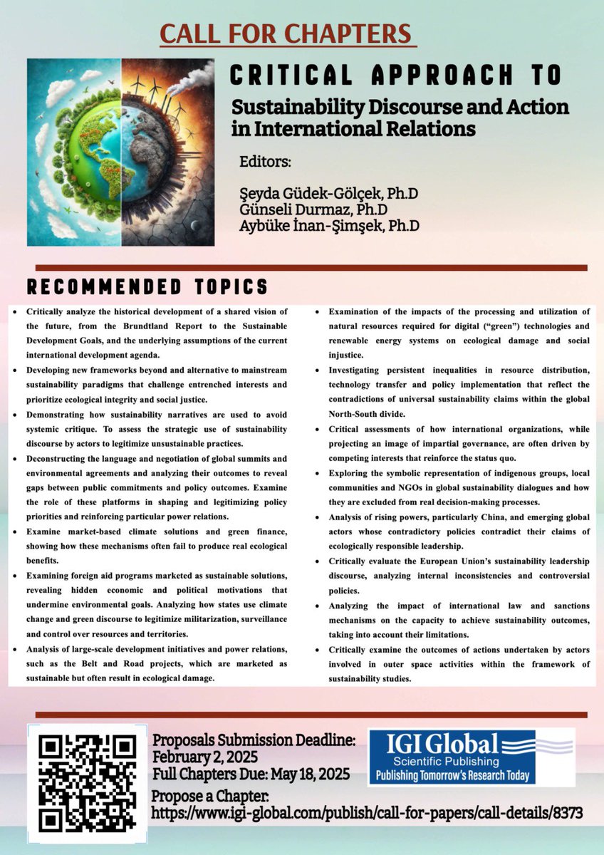 sgudekgolcek's tweet photo. 🌱 Think “sustainability” is more than just a buzzword? Join us!
We invite proposals for our upcoming IGI Global book, Critical Approach to Sustainability Discourse and Action in International Relations.
#CallForChapters #Sustainability #IR 🌍
🔗https://t.co/NpFg1kMlNx https://t.co/O0cYpbK3rQ