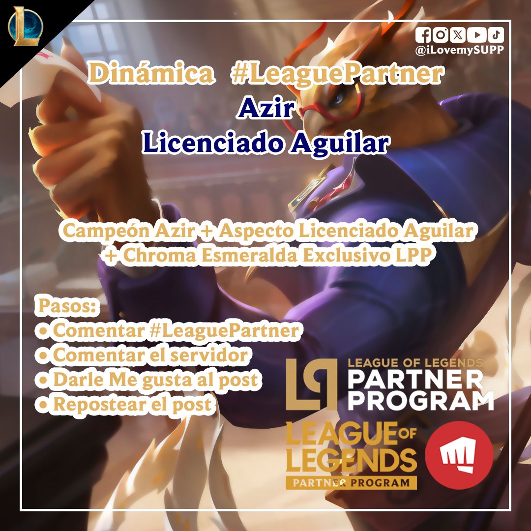 Soy parte del Programa de Socios de LoL de Riot Games y ellos me dieron algunos códigos para ustedes.

Azir Licenciado Aguilar:
• Serán 10 códigos

Los resultados los daré a conocer el sábado 21 de diciembre de 2024.

¡Mucha suerte a todos!

#LeagueOfLegends #LeaguePartner
