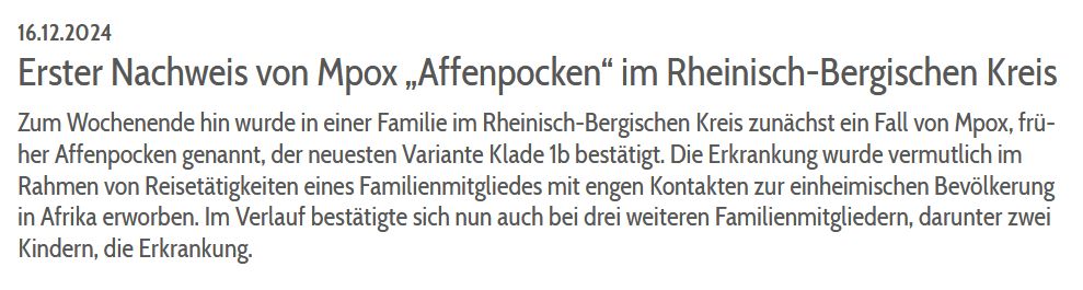 Gurdur's tweet image. Outbreak of #monkeypox #mpox 1b in a family in Germany. One family member had "close contact" with locals in an mpox-afflicted area, went back to Germany; 3 or 4 (disparity in reporting), including 2 children, then infected with mpox. Transmission mode?
rbk-direkt.de/news/56650/ers…