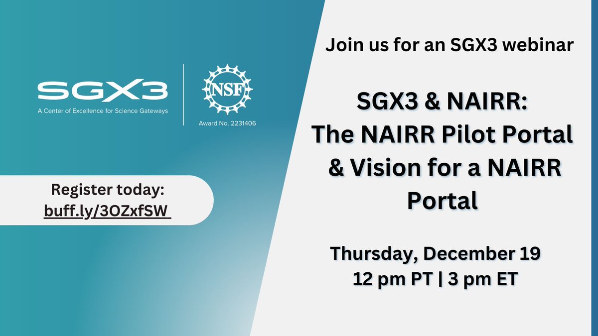 Join SGX3 for a webinar this Thursday, 12/19, at 3pm ET as we give an overview of our involvement with the NAIRR Pilot Portal as well as our ongoing initiatives to shape the future of the NAIRR Portal. Learn more and register to secure your spot: buff.ly/3BxSS9W