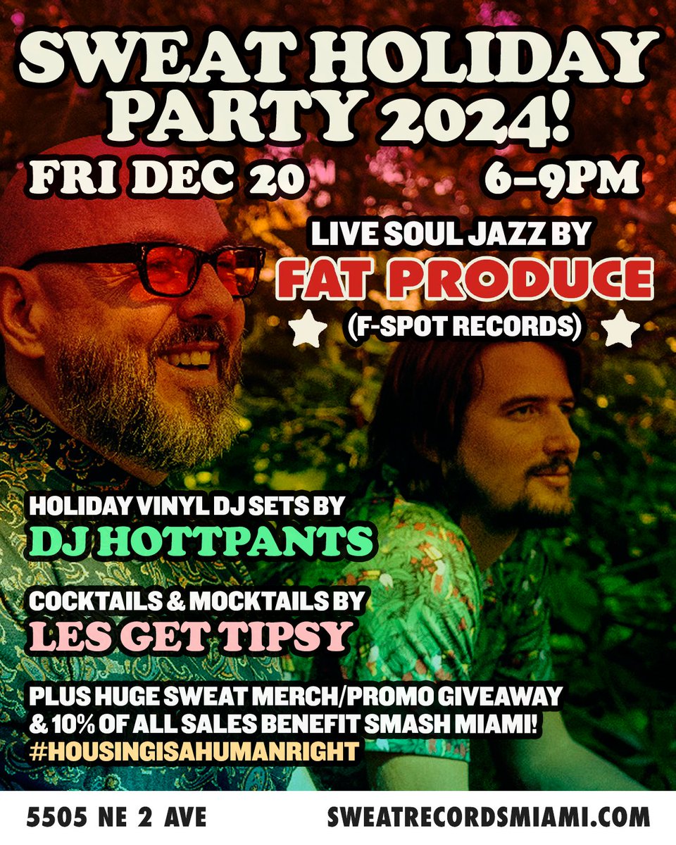 Join us this Friday eve 6-9PM for our annual Holiday Party! Catch a live performance by Miami soul jazz trio FAT PRODUCE plus vinyl sets by DJ Hottpants, festive beverages, &amp; 10% of proceeds go to <a href="/SMASHMiami/">SMASH</a>! RSVP here: eventbrite.com/e/1095325942379