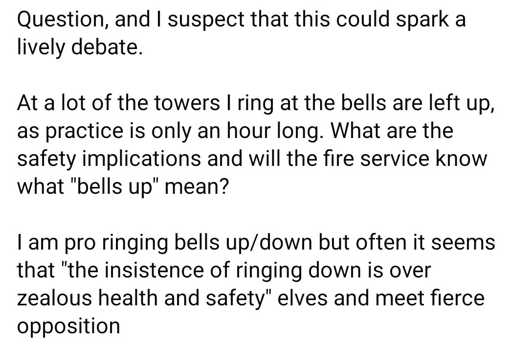 Another one stolen from Facebook - what is the protocol in your tower? We ring up and down almost without fail, for safety reasons (we don't have a spider anyway). We also ask any visitors to do the same. 
#question #bellringing #healthandsafety #whatdoyoudo