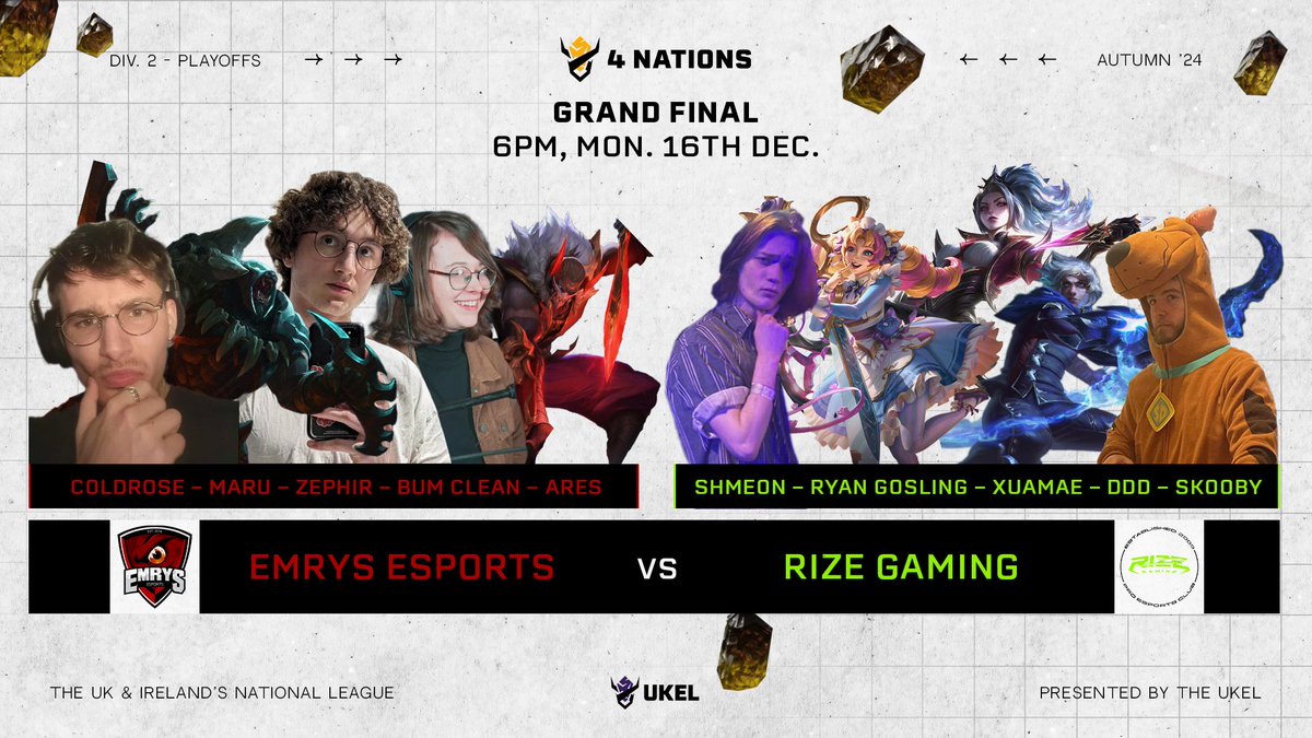 🏆 T-MINUS 15 MINUTES 🏆

Rosters are locked, sides are selected, now all that's left is to officially get the Div. 2 Grand Finals underway 🔥

⚔️ <a href="/EmrysEsports/">Emrys Esports</a> vs. <a href="/RizeGamingPro/">RIZE</a> [BO5]
🎙️ <a href="/BrackishBrit/">BrackishBrit</a> &amp; <a href="/CasuallyCutie/">CasualCutie</a> 
📹 <a href="/WhattheBEEns/">WhattheBEEns</a> 

Stream link in replies👇