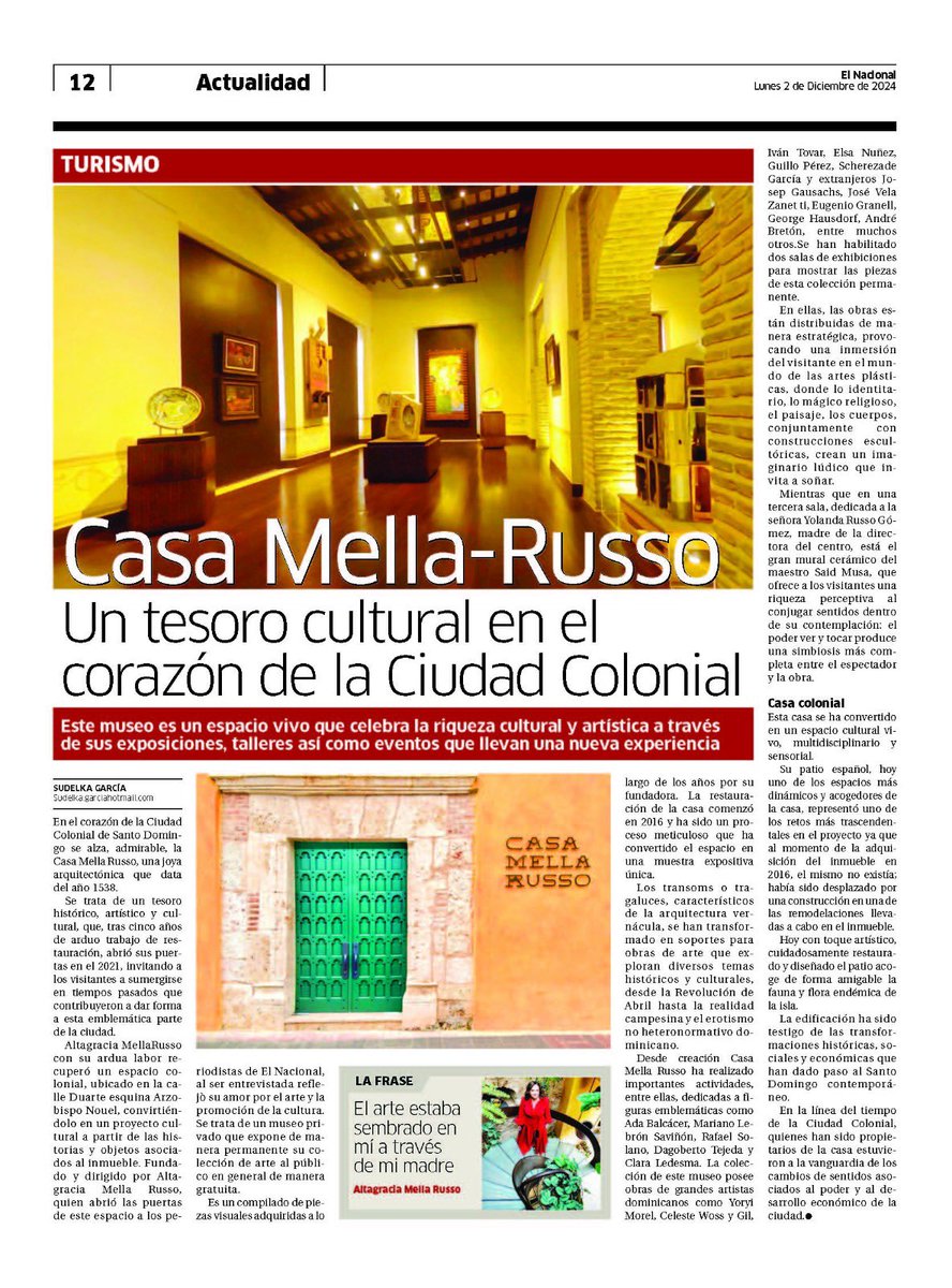 Casa Mella-Russo: un tesoro cultural en el corazón de la Ciudad Colonial 🖼️ 

Disponible en ow.ly/26GK50UrOv9 

#CasaMellaRusso #CiudadColonial 

<a href="/TurismoRD/">Ministerio de Turismo RD</a>
