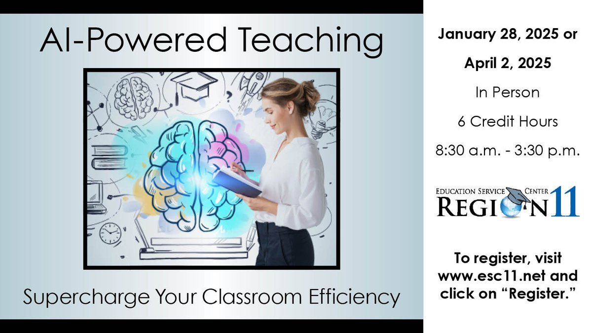 ESC Region 11 Digital Learning (@esc11digital) on Twitter photo 🚀 Discover how AI can be your teaching assistant—streamlining grading, generating resources, and saving you time. Focus on what matters most: inspiring your students! 🌟 Don’t miss out! Register now bit.ly/aipowerteach <a href="/ESCRegion11/">ESC Region 11</a> 🚀 Discover how AI can be your teaching assistant—streamlining grading, generating resources, and saving you time. Focus on what matters most: inspiring your students! 🌟 Don’t miss out! Register now bit.ly/aipowerteach <a href="/ESCRegion11/">ESC Region 11</a>