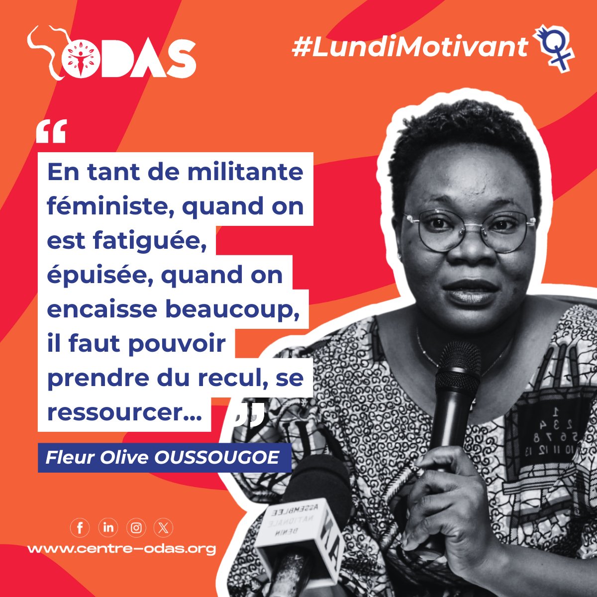 Centre ODAS (@centreodas) on Twitter photo Prenons soin de notre santé mentale et de notre bien-être pour continuer à avancer ensemble.
Bonne semaine à vous les ODASieux•ses ❗
#LundiMotivant #MiliterEtSePréserver #MilitantesFéministes #MouvementODAS #AvortementSécurisé #AfriqueFrancophone
<a href="/IpasFrancophone/">Ipas Afrique Francophone</a> <a href="/OussougoeO/">Oussougoé Fleur Olive</a> Prenons soin de notre santé mentale et de notre bien-être pour continuer à avancer ensemble.
Bonne semaine à vous les ODASieux•ses ❗
#LundiMotivant #MiliterEtSePréserver #MilitantesFéministes #MouvementODAS #AvortementSécurisé #AfriqueFrancophone
<a href="/IpasFrancophone/">Ipas Afrique Francophone</a> <a href="/OussougoeO/">Oussougoé Fleur Olive</a>