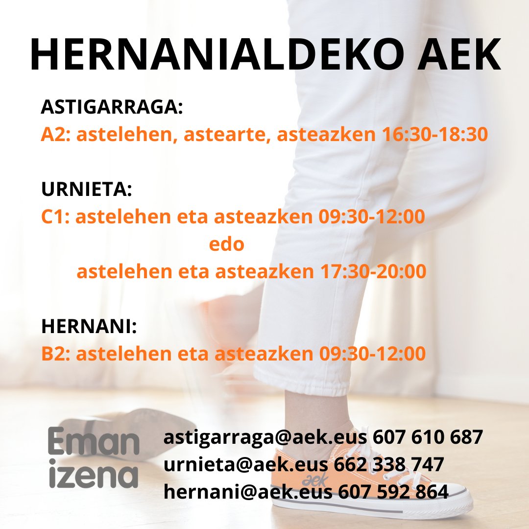 Adi, garaiz zabiltza-eta euskaltegian izena emateko. Urtarriletik aurrera, Hernanialdean, honako talde hauetan izena emateko aukera!
<a href="/AEK_eus/">AEK-KORRIKA</a> @hernanialdekoaek @hernanialdeaneuskaraz #euskaraerosobizitzeko