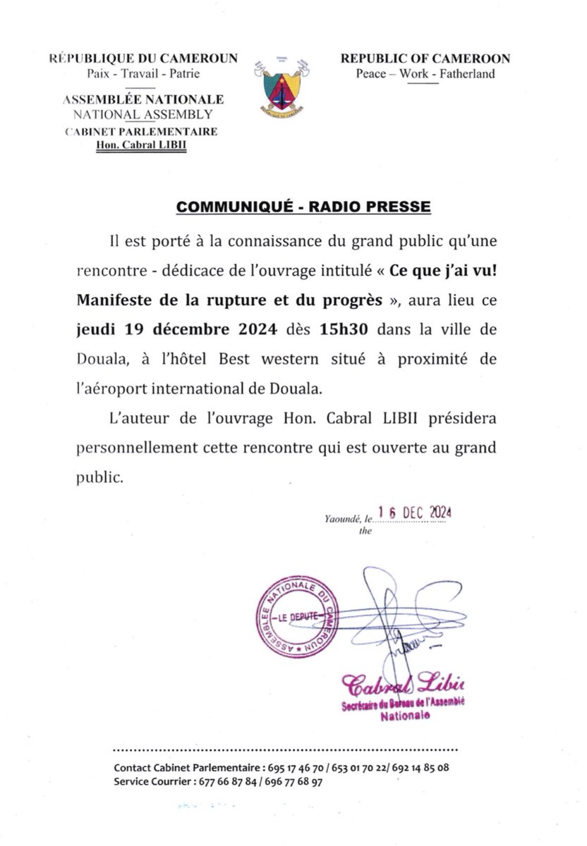 CabralLibii's tweet photo. Je vous attends ce jeudi à partir de 15h30 à l’hôtel Best Western de l’aéroport de Douala pour une séance de dédicace de mon livre Ce Que J’Ai Vu. https://t.co/DOU2EHca4L