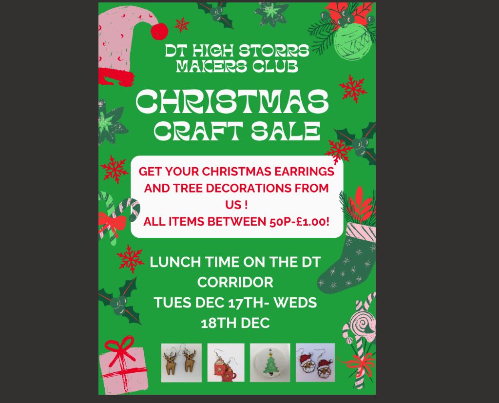 The DT Makers Club are working hard to get their festive creations ready for the Christmas Craft Sale!

There will be lovely handcrafted earrings &amp; tree ornaments on sale tomorrow (Tuesday 17th) &amp; Wednesday 18th December at lunchtime, on the DT corridor.

All items 50p-£1 🎅