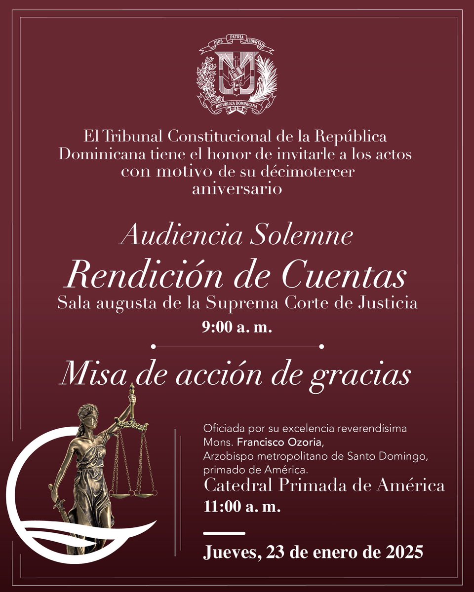 Se informan los actos conmemorativos del aniversario de esta alta corte.

La Audiencia Solemne de Rendición de Cuentas se llevará a cabo el jueves 23 de enero a las 9:00 a.m., seguida de la misa de acción de gracias a las 11:00 a.m. en la Catedral Primada de América.