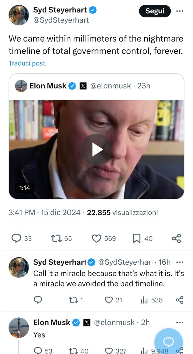 🟡 🇺🇲 🌎 ELON MUSK: " SIAMO STATI A POCHI MILLIMETRI DAL CONTROLLO TOTALE DEL GOVERNO SUI CITTADINI, PER SEMPRE" 👀
L'uomo più ricco del mondo e artefice della vittoria di Trump spiega che le élite dietro il partito DEM e la filosofia WOKE avevano già pronto un piano per rendere
