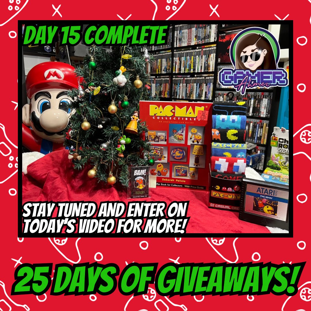 GamerAhmer's tweet photo. Day 15 has completed! Stay tuned for today’s short and be sure to comment for a chance to win! #videogames #games #gamerahmer #christmas #25daysofchristmas #25daysofgiveaways #giveaway #pacman #atari #retrogaming #nintendo #happyholidays https://t.co/GkgatamkaJ