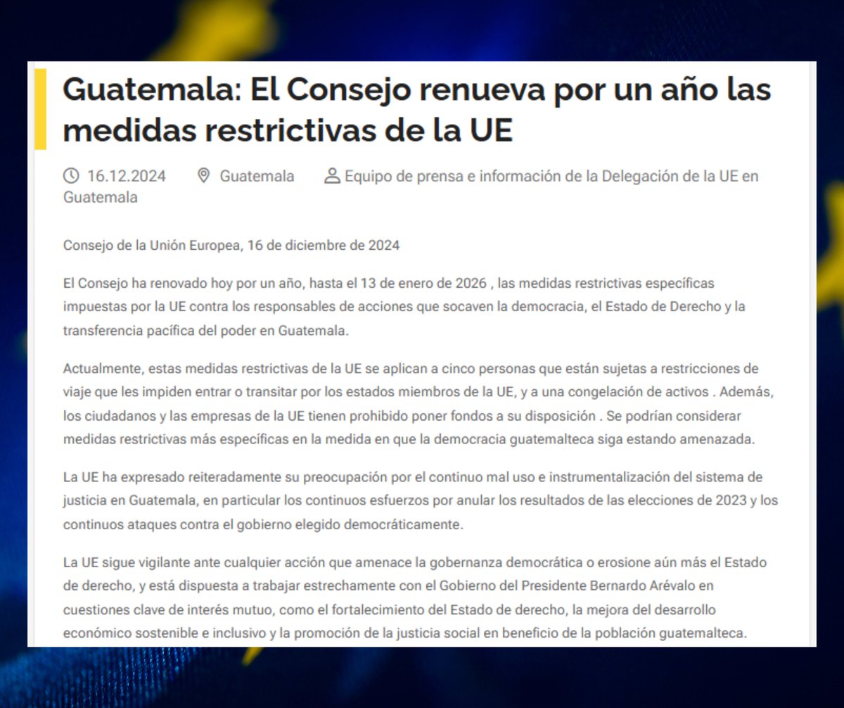 🇬🇹 #Guatemala: El <a href="/EUCouncil/">EU Council</a> renueva medidas restrictivas 🇪🇺 por acciones que atenten contra la #democracia, el #EstadoDeDerecho y la transferencia pacífica del poder en el país por un año más, hasta el 13 de enero de 2026.

Comunicado de prensa 👇
eeas.europa.eu/delegations/gu…