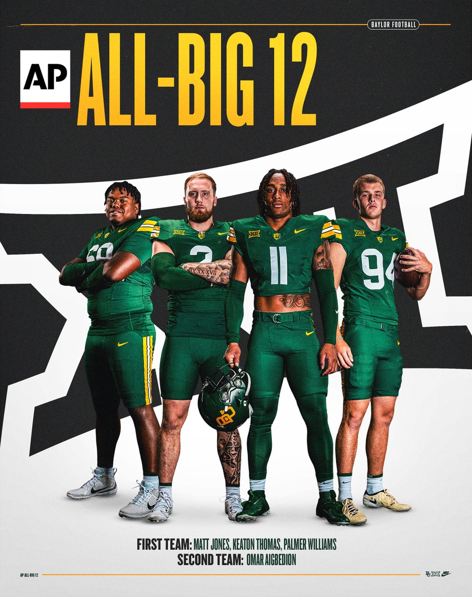 Baylor Football (@bufootball) on Twitter photo ๐ <a href="/AP/">The Associated Press</a> All-Big 12.
๐ฉ <a href="/OmarrianAigbed1/">๐๐ช๐๐ฏ๐ฏ๐ฆ๐๐ซ ๐๐ฆ๐ค๐๐ข๐ก๐ฆ๐ฌ๐ซ</a>
๐ฉ <a href="/bradenjones2000/">Matt Jones</a>
๐ฉ <a href="/KThomas2022/">Keaton โKTโ Thomas</a>
๐ฉ <a href="/palmerw87/">Palmer Williams</a>
#SicEm ๐ <a href="/AP/">The Associated Press</a> All-Big 12.
๐ฉ <a href="/OmarrianAigbed1/">๐๐ช๐๐ฏ๐ฏ๐ฆ๐๐ซ ๐๐ฆ๐ค๐๐ข๐ก๐ฆ๐ฌ๐ซ</a>
๐ฉ <a href="/bradenjones2000/">Matt Jones</a>
๐ฉ <a href="/KThomas2022/">Keaton โKTโ Thomas</a>
๐ฉ <a href="/palmerw87/">Palmer Williams</a>
#SicEm