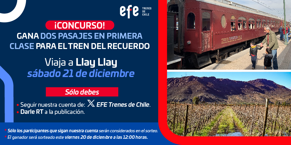 EFETrenesChile's tweet photo. ¡Panorama imperdible 😍! Participa por 2 pasajes en primera clase para el Tren Del Recuerdo 🚂 y viaja el sábado 21 de diciembre a Llay Llay 👏.

Sólo debes:
✅ Seguir nuestra cuenta de X y darle RT al post.

📌 Solamente quienes nos sigan serán considerados en el sorteo. https://t.co/wTm9d8sbxa