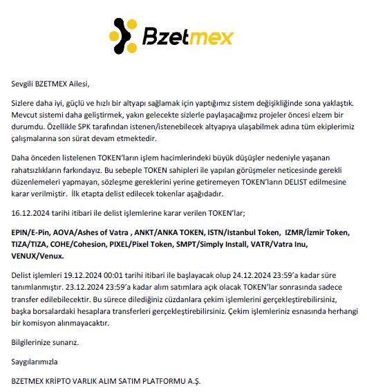 Bzetmex.com Delist işlemleri kamuoyu bildirisi.