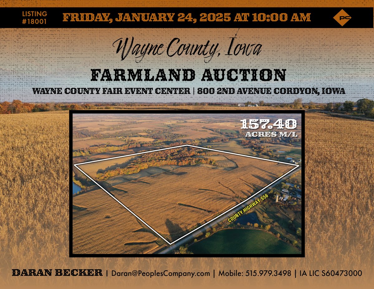 PeoplesCompany's tweet photo. FARMLAND AUCTION | 157.40 Acres M/L in Wayne County, Iowa

Friday, January 24th, 2025 at 10:00 AM

Peoples Company is pleased to present the sale of 157.4 total acres m/l of Wayne County, Iowa farmland.

+ Includes 110.91 FSA cropland acres with an average CSR2 soil rating of 49.5
+ Primary soil types include highly productive Seymour silt loam and Gara loam
+ Located 11 miles northeast of Corydon, Iowa on paved County Highway S56
+ Over 40 acres of mature oak and hickory timber, providing excellent hunting opportunities

Auction location:
Wayne County Fair Event Center
800 2nd Avenue
Corydon, Iowa 50060

Contact #PeoplesCompany Licensee @BeckerDaran  or click the link below for more information.

Listing 18001 | https://t.co/WCAJ7kkCs3