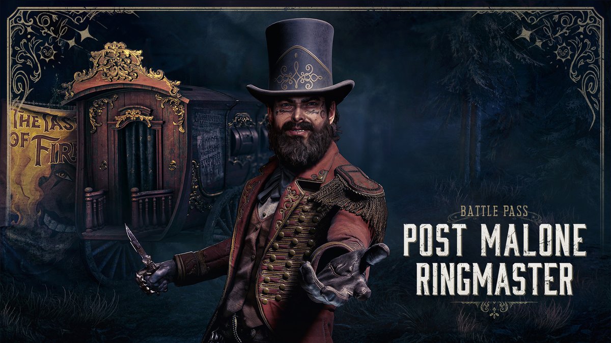 HuntShowdown's tweet photo. The Ringmaster has returned, and he’s ready to take back what's his.

Will you stand with him or fall under his shadow?

@PostMalone #HuntPartner #HuntShowdown https://t.co/otLfnC6zyt