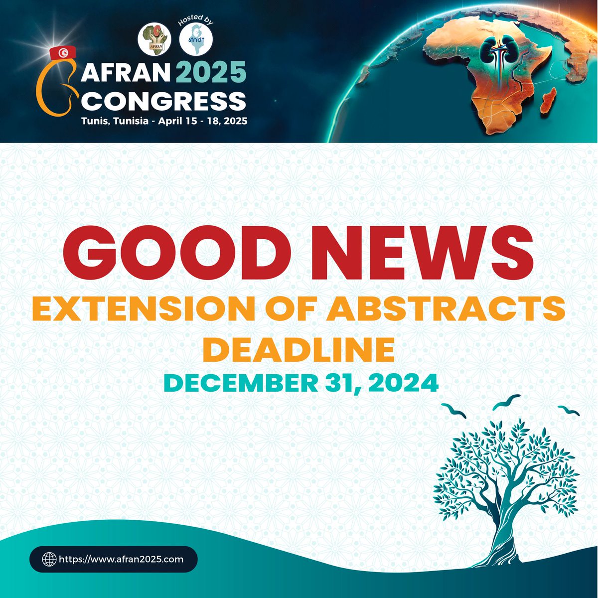 Stndt_tn's tweet photo. 📢GOOD NEWS!
 The AFRAN 2025 Congress in Tunis, Tunisia  (April 15-18, 2025), announces an EXTENSION of the abstract submission deadline!
🗓️New Deadline: December 31, 2024
Submit your abstracts at: https://t.co/H1nAmJx6hn
Don’t miss this opportunity to showcase your research! https://t.co/4Ay8QaCJxw