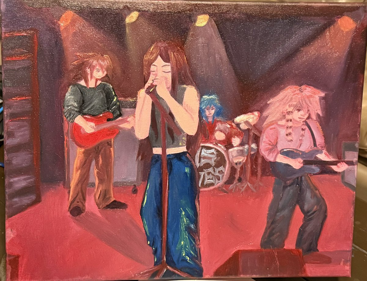 trinityemmalise's tweet photo. My youngest drew the sketch &amp; then painted it with oil paint. His first ever painting. The assignment was to tell a story, so, he drew himself, (left) &amp; his best friend (singer) making their dream of having a band &amp; preforming come true. Thought he did a good job for first try! https://t.co/77XnnUkTmJ