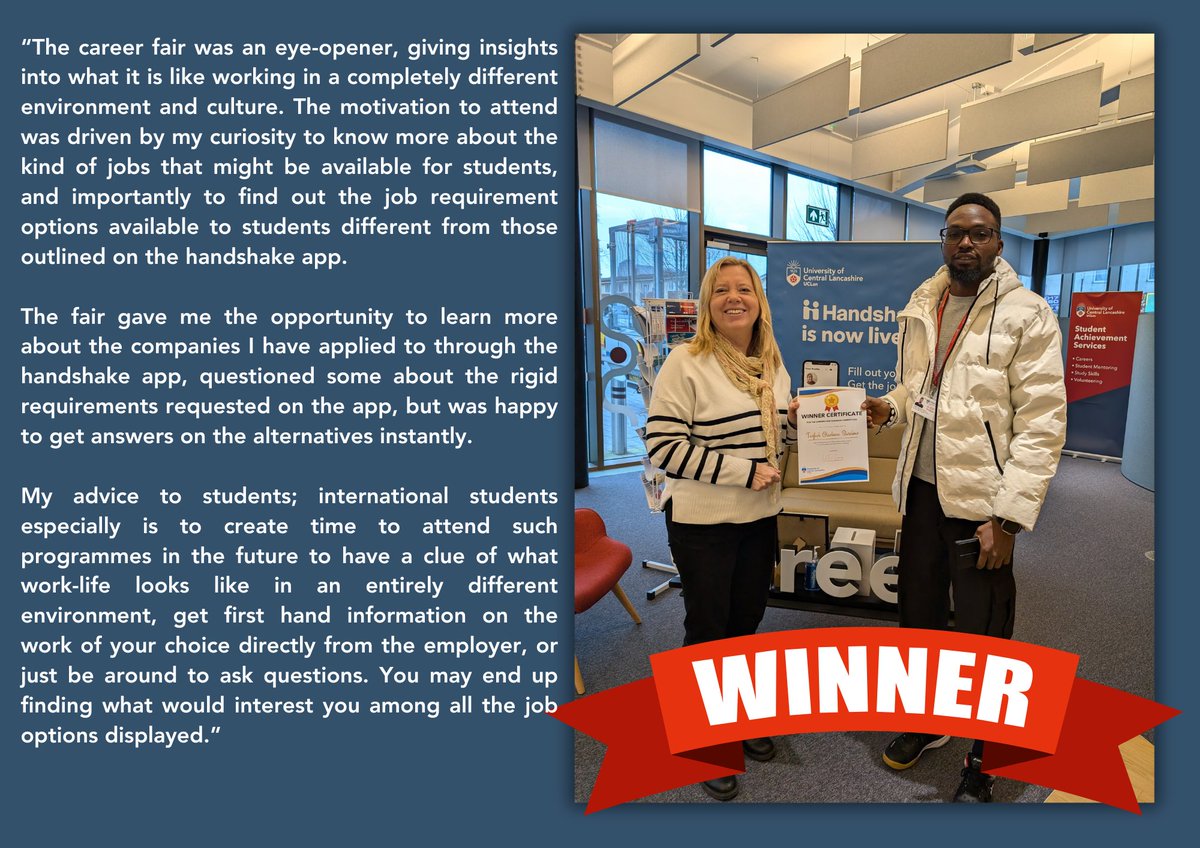 After attending one of our Semester 1 careers fairs, sharing his feedback, and entering our prize draw, the moment arrived—and Taofeek was the lucky winner of £350 Achieve credit!

Check out our Semester 2 careers fairs - uclan.ac.uk/careersfairs