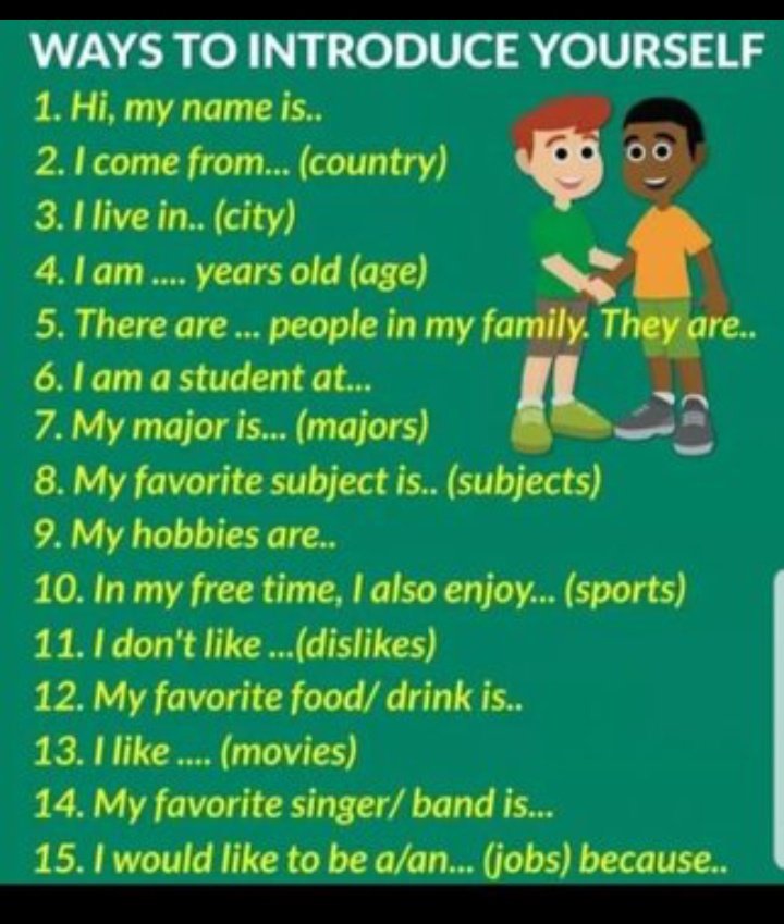 MrsWalaa3's tweet photo. #مساء_الــولاء
#خطواتك
 لتقدم بها نفسك للاخرين
#waysToIntroduceYourself
#LearnEnglish 
#LearningWithWalaa https://t.co/b3vFlpgNAk
