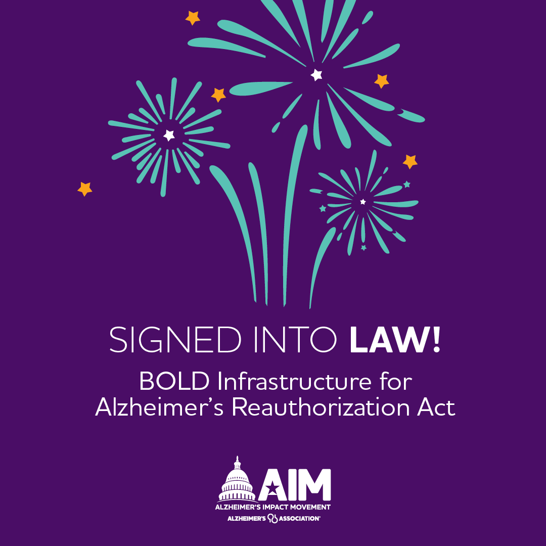 AlzILAdvocacy's tweet photo. UPDATE: The bipartisan #BOLDAlzheimersAct was reauthorized by the president. 🎆 State, local &amp; tribal public health officials will continue having the resources they need to support those impacted by Alzheimer’s in their communities. Thank you #ENDALZ advocates for this victory! https://t.co/3iPn3PexcK