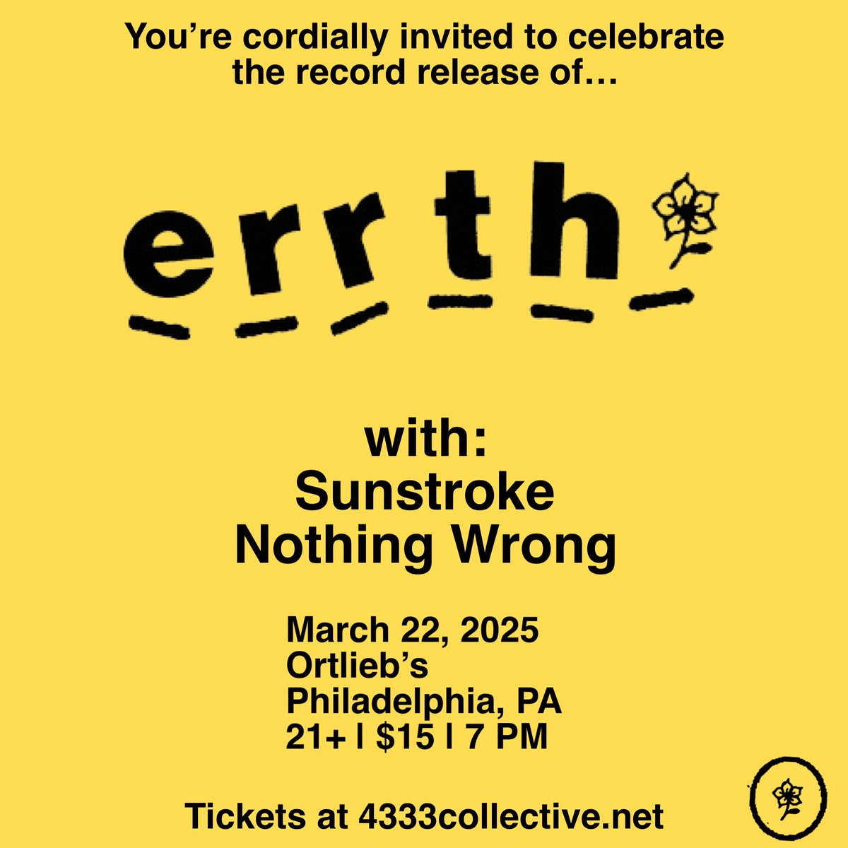 errthisaband's tweet image. We’re very excited to announce our record release show on the great city of Philadelphia. Our friends Sunstroke and Nothing Wrong will be playing as well. Grab a ticket now. link.dice.fm/of573fed59b5