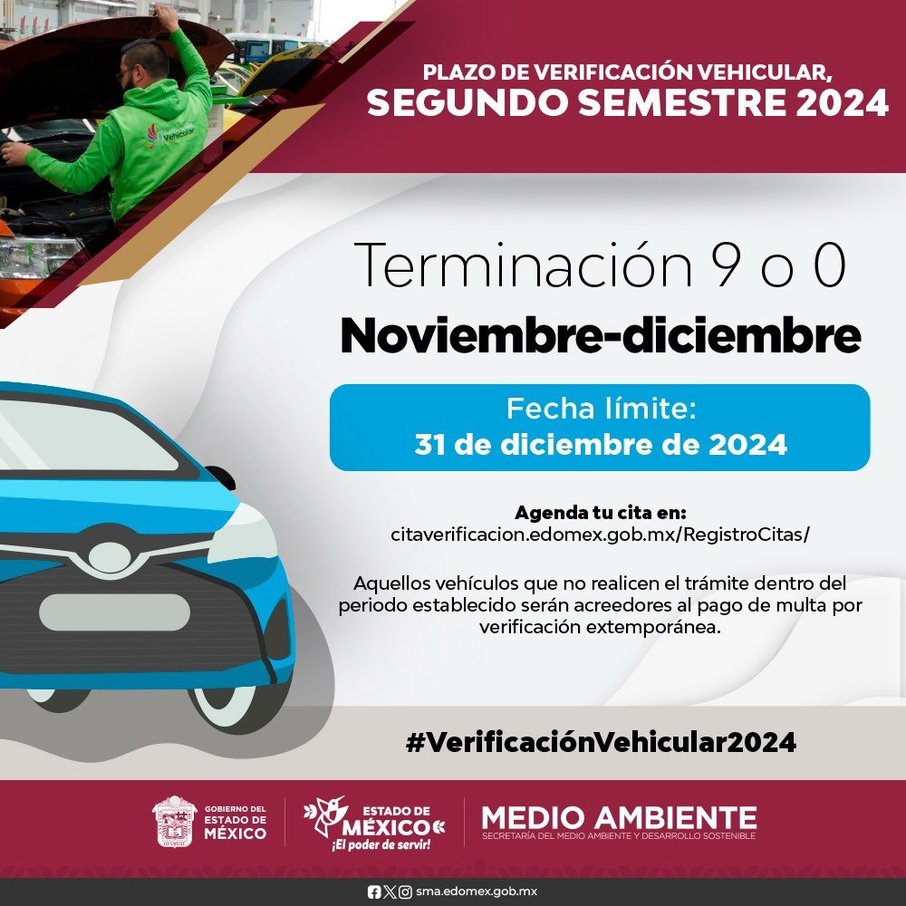 ¡Que no se te pase! 
Este 31 de diciembre es la fecha límite para que los vehículos con terminación 9 o 0 realicen su #VerificaciónVehicular.
Agenda tu cita y evita sanciones:
citaverificacion.edomex.gob.mx/RegistroCitas/
#ElPoderDeServir