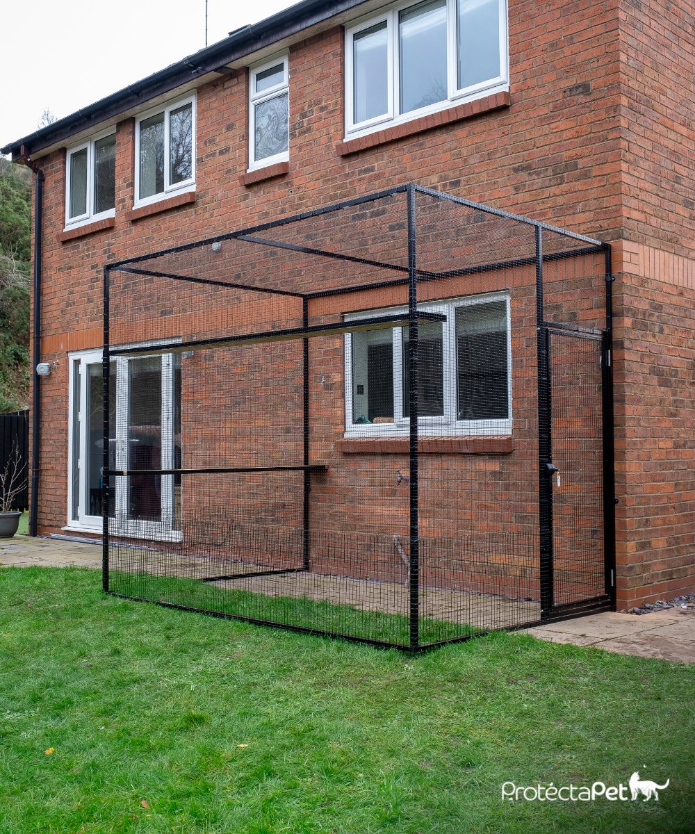 😻🌿 Another Steel Catio installed. ❤ This one has two cat shelves with access through the kitchen window and a gate! #catproofgarden